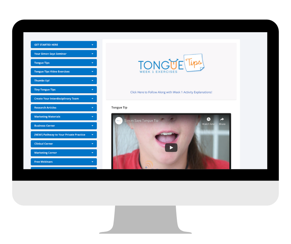 Simon Says 'Tongue Tips' program interface, featuring a navigation menu of exercises and a video demonstration for orofacial myofunctional therapy. Ideal resource for SLPs seeking guided instructional content for client therapy.